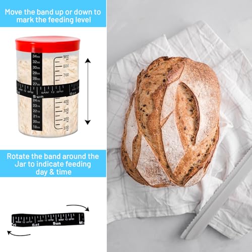 Premium Sourdough Starter Jar Glass - 34 oz Sour Dough Starter Jars, with Spatula, Wide Mouth Jar Cover, Thermometer, Date Marked Feeding Band, sourdough jar for Baker