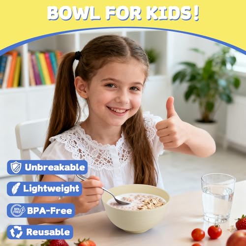 Image of Wheat Straw Bowls Set of 6, 26 OZ Unbreakable Cereal Bowls, Reusable Plastic Bowls for Camping, Dorm, RV, Picnic, Lightweight Salad Soup Bowls, Microwave & Dishwasher Safe, Beige