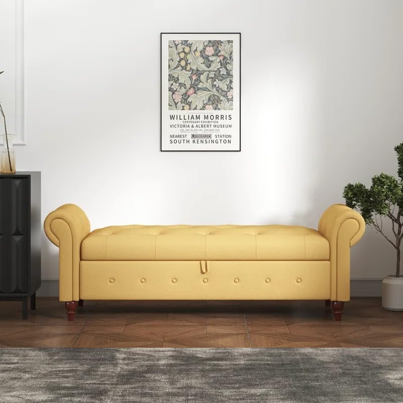 Image of LEGACY OF COMFORT F4 Velvet Upholstered Storage Bench Sofa Bench Sofa couches Rolled Arm Window Bench Ottoman Bench 2 Seater Sofa Chaise Lounger or Living Room Bedroom Office (Yellow Velvet)