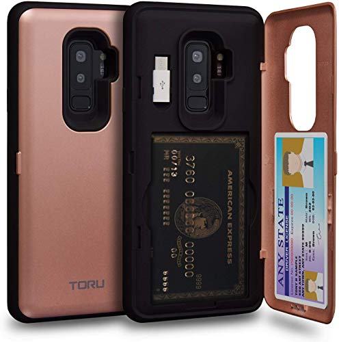 TORU CX PRO Compatible with Samsung Galaxy S9 Plus Case - Protective Dual Layer Wallet with Hidden Card Holder + ID Card Slot Hard Cover, Mirror & USB Adapter - Rose Gold
