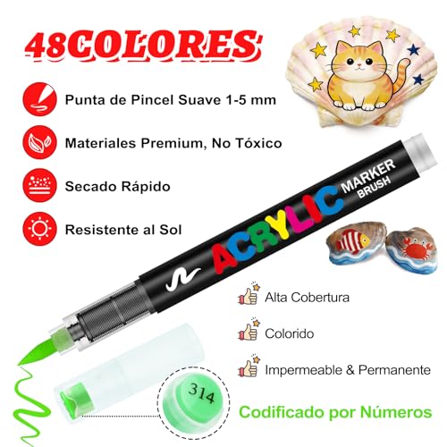Image of Allinside Acrylic Paint Markers, 48 Colors Soft Brush Tip Paint Pens, Waterproof Quick Dry Acrylic Markers for Rock Painting Wood Canvas Glass Fabric Stone Egg DIY Art Crafts Supplies