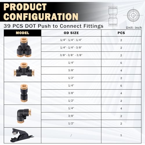 Image of CheeMuii 39 PCS DOT Air Line Quick Connect Fittings 1 /4 inch 3 /8 inch 1 /2 inch Push to Connect Fittings DOT Brass Air Hose Fittings Repair Kit for Semi Truck Air Line Kit or Industrial Air System
