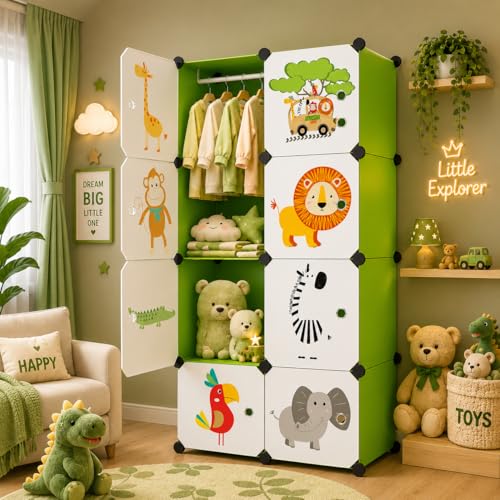 ELINDOR Plastic Wardrobe for Clothes Storage, 8-Door Portable Collapsible Almirah & Cupboard for Bedroom, Baby Wardrobe Cabinet Organizer for Clothes & Toys (Green-HI, 8 Door)
