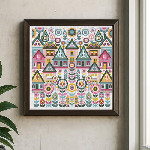 Image of FREEBLOSS 11CT Vector Cottage Stamped Cross Stitch Kits Complete Embroidery Kits with Instruction Cross Stitch Wall Hanging Kit for Needlepoint Adults Wall Art Decoration 18x18in /45x45cm