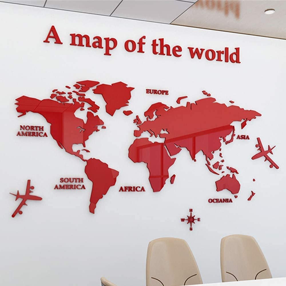PYXZQW 3D World Map Wall Acrylic material, Creative DIY World Map Modern Home Wall Sculpture for Home Wall Arts Modern Decor,Red,280 * 146cm