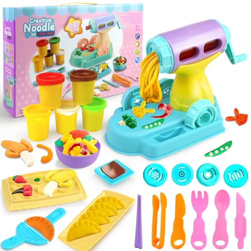 Dear Deer Color Dough Kitchen Creations Play Set, Noodle Maker Ice Cream Party Favors Dough Playset for Kids Ages 2-4 4-8, Handmade DIY Spaghetti Machine Toy Kit with Dough & Molds Accessories 23 Pcs