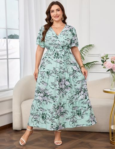 Image of ShopWonder Womens Plus Size V Neck Wrap Maxi Dress High Waist Ruffle Summer Casual Dress with Belt