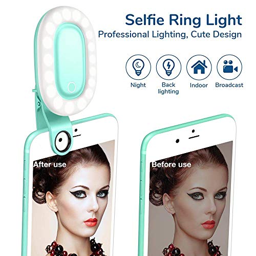 Selfie Ring Light for iPhone and Video, Mini Rechargeable Battery Operated Clip-On Fill Light with 9-Level Brightness and 32 LED Bulbs for/Photo, Android, iPad, Tablet, Laptop, Make up (Blue)