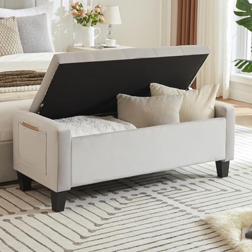 Image of Virabit Velvet Storage Ottoman Bench for Bedroom, End of Bed Bench with Button, Organizer Storage Chest, Upholstered Foot Rest with Legs, Load up to 400 lb, for Bedroom, Living Room, Entryway, Grey
