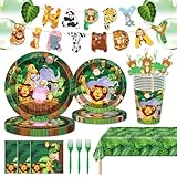 146Pcs Jungle Wild Animal Plates and Napkins Jungle Safari Party Supplies Includes Plates, Napkin, Fork, Cup, Straw, Tablecloth, Banner for Woodland Baby Shower Birthday Party Decorations, Serves 24