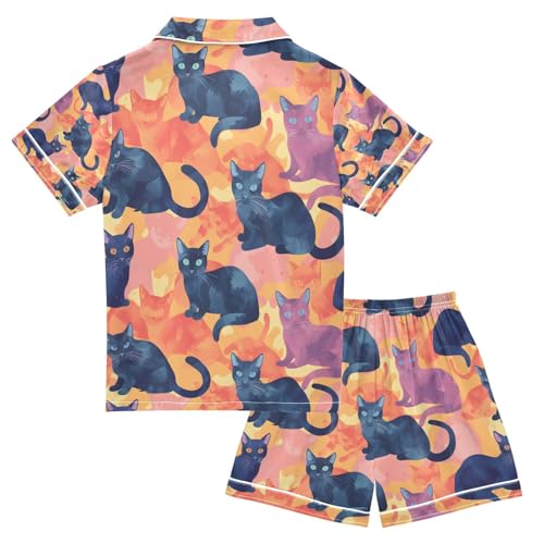 senya Cat Magic Color Satin Summer Pajama Sets Silk Short Sleeve Button Down Sleepwear2