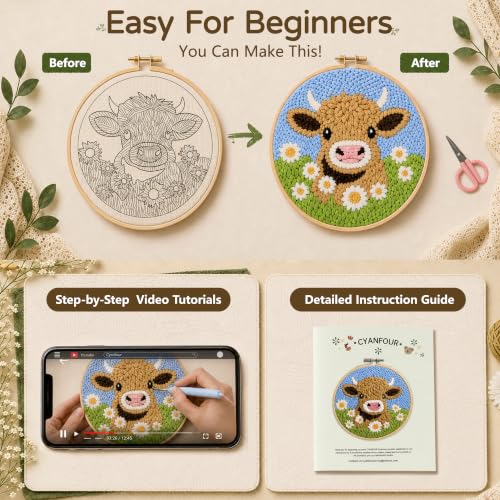 Image of CYANFOUR Punch Needle Kit for Beginners, Highland Cow Punch Needle Kits | Craft Kits for Adults with 2 Pre-Printed Fabrics, Embroidery Hoop, Threads, DIY Gift and Home Decor 20 * 20cm