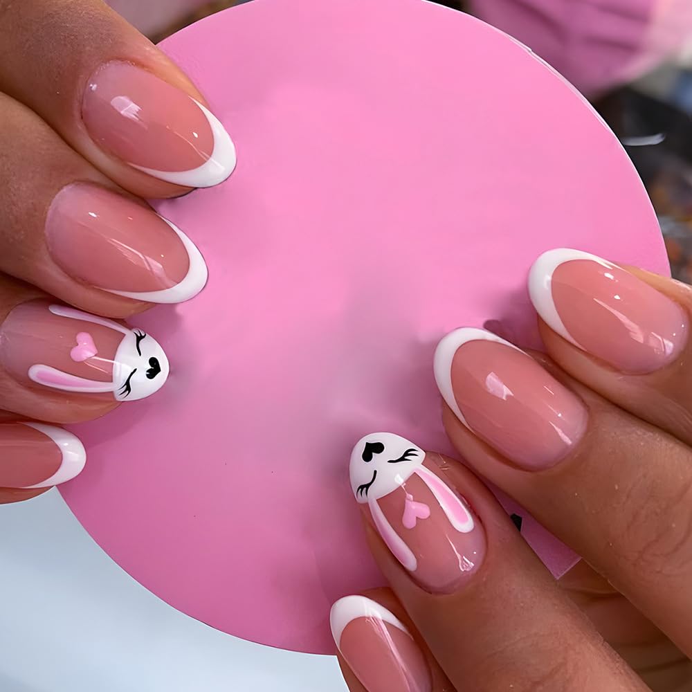 24Pcs Easter Almond Press on Nails Medium Fake Nails with Bunny Heart Design Acrylic Nails French tip False Nails Easter Day Rabbit Heart Artificial Nails Full Cover Glue on Nails for Women and Girls