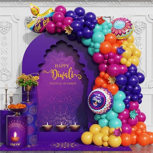 Image of AMFIN (Pack of 107) Happy Diwali Diya Shape Foil Balloon with Latex Balloons - Multi