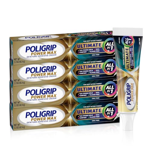 Poligrip Power Max Ultimate All-in-1 Denture Adhesive Cream Zinc Free 2.2 oz (4 Pack)