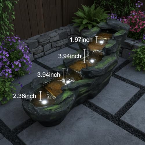 Image of SunJet Cascading Rock Outdoor Water Fountain with LED Lights - 41.3 inch Length Resin Stone Look Garden Waterfall Fountain, Freestanding Floor Fountain with UL Certified Pump for Patio Backyard Yard Decor