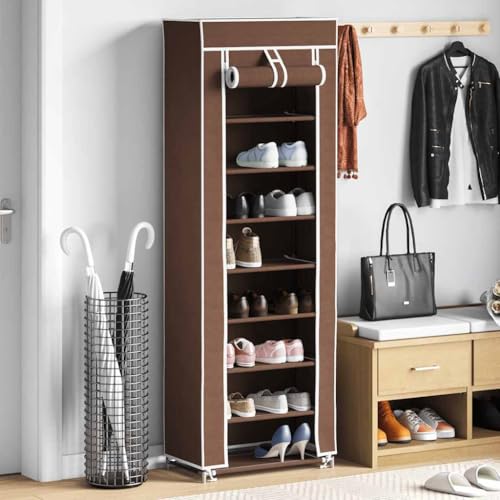 Kaloriko Zapatero de 8 capas, 57 x 29 x 162 cm, color marrón con tela no tejida, ahorra espacio y apilable, zapatero organizador para niños, mujeres y hombres, zapatero estrecho para pasillo y sótano