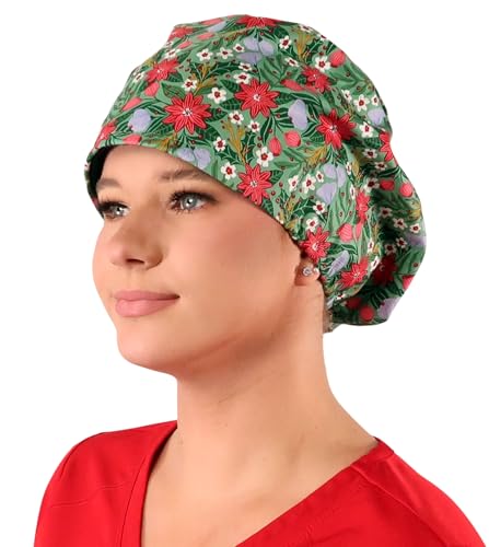 Sparkling EARTH Ponsettia Party (Christmas Holiday) Euro Style Riley Medical Scrub Caps - Adjustable Cord Lock Closure - Made in USA!