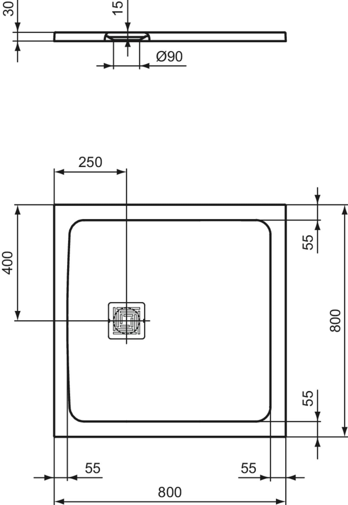Ideal Standard - Ultra Flat S +, ultra-cienki kwadratowy talerz prysznicowy z żywicy o wyglądzie kamienia, 80 x 80 cm, idealny solidny, czarny