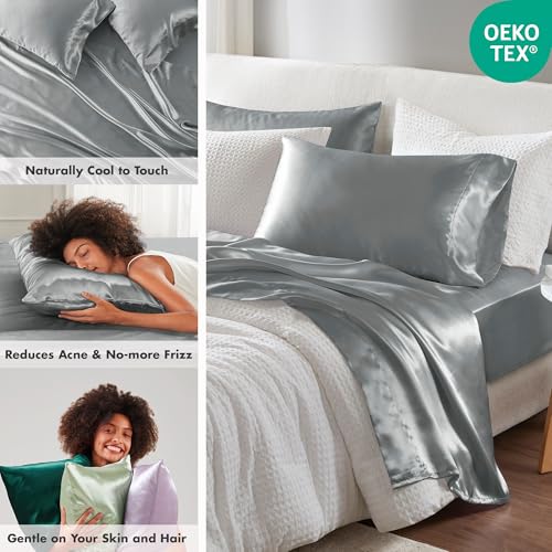 Image of Madison Park Essentials Satin Sheets Split King Size Bed Set, 7 Piece, Grey | Luxury and Smooth Silky Bedding with Natural Sheen, All Around Elastic 14 inch Pocket fits up to 16 inch Mattress, Year-Round Cozy