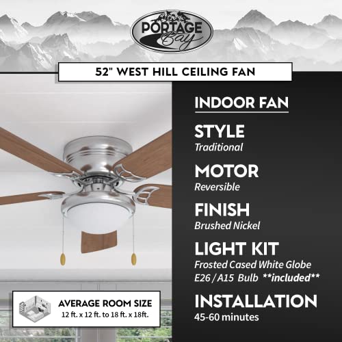 Portage Bay 50252 Hugger 52" Brushed Nickel West Hill Ceiling Fan With Bowl Light Kit #TOP3