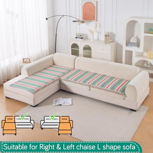 Image of HOKIPO 'Artisan Boho Series' L Shape (3+2 Seater) Seat Mat for Sofa | Thick 450 GSM Cotton Acrylic Jacquard Fabric Cover with Tassel, Mint Green (IN-904+903-A7)