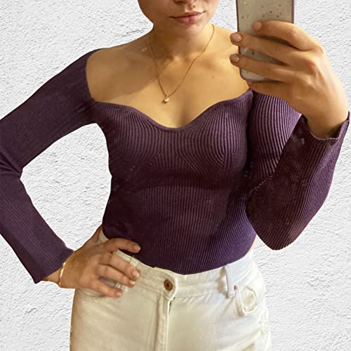 Image of Women's Square Neck Ribbed Knitted Sweater Long Sleeve Crop Slim Fitted Basic Pullover Tops