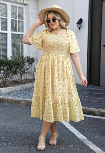 Image of Keluummi Plus Size Wedding Guest Maxi Dresses for Curvy Women, Summer Casual Boho Floral Smocked Empire Waist A Line Sundress