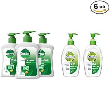 Dettol Liquid Handwash Dispenser Bottle Pump - Original Germ Protection Hand Wash (Pack of 3-200ml each) & Original Germ Protection Alcohol based Hand Sanitizer Pump, 200ml (Pack of 2)