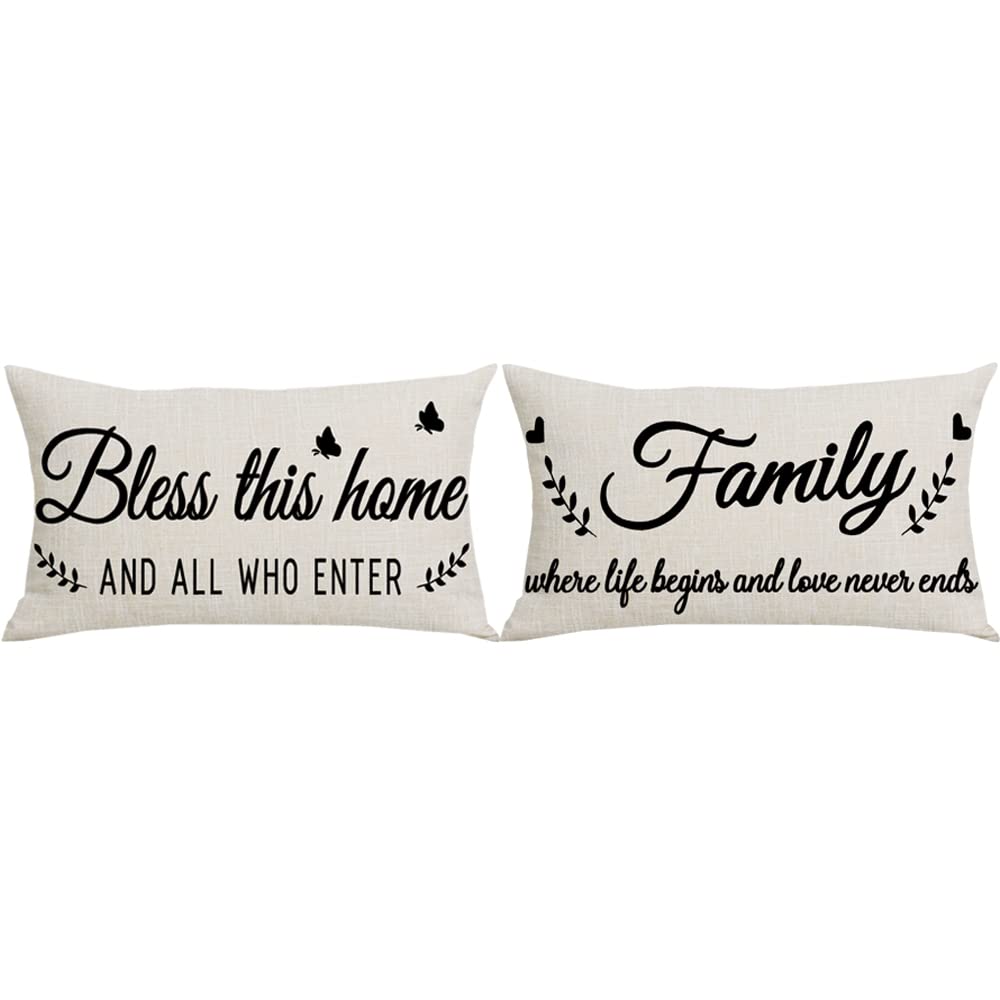 Set of 2 Black Quote Bless This Home Family Home Sofa Chair Bed Decoration Lumbar Pillowcase Cotton Linen Decorative Throw Pillow Cover Case Rectangular 12 x 20 Inches