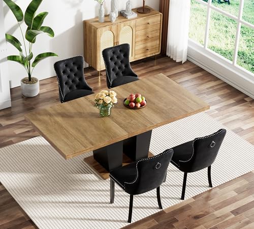 Image of 5 Piece Extendable Dining Table Set, Farmhouse Extendable Dining Table Set for 4, 78.74 inch Rustic Wooden Expandable Kitchen Table and Black Velvet Chairs Set of 4, Expanding Dining Room Table Set for 4