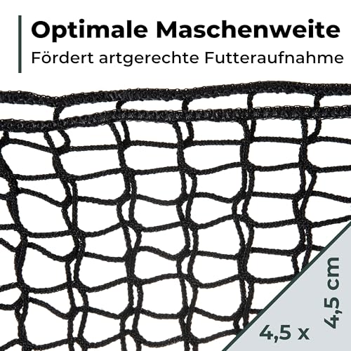 Flori’s® Heunetz für Pferde – Heusack für Pferde groß 90 × 120 cm – Engmaschig 4,5 cm – Pferdeheunetz mit Karabiner – ca. 9 kg Heu – Slow Feeder