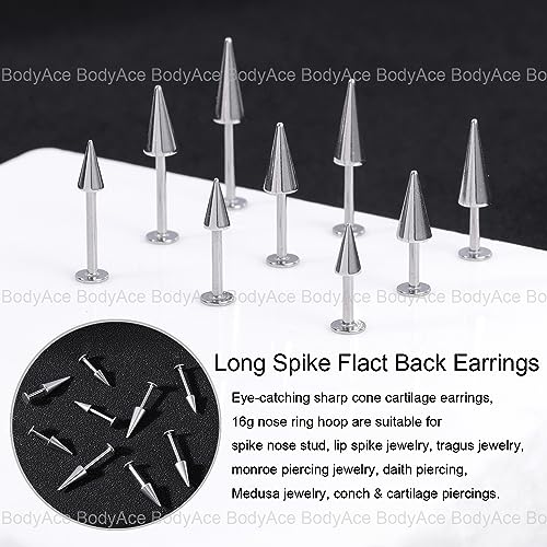 BodyAce Threadless Spike Flact Back Earrings Cartilage Lip Rings, 16G Stainless Steel Daith Helix Tragus Studs, Push in Rook Lobe Lip Piercing for Women Men4