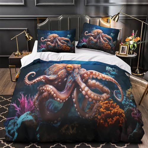 Housse de couette pieuvre 200x200cm avec 2 taies d'oreiller lit double