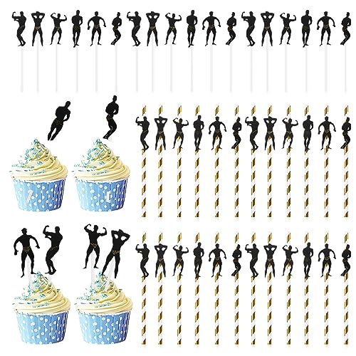Gadpiparty 60 Piezas De Regalos De Despedida De Soltera Adornos Para Magdalenas Culturismo Hombres Pajitas Para Beber Decoración De Pasteles Para Fiestas Temáticas Deportivas (24 Piezas De