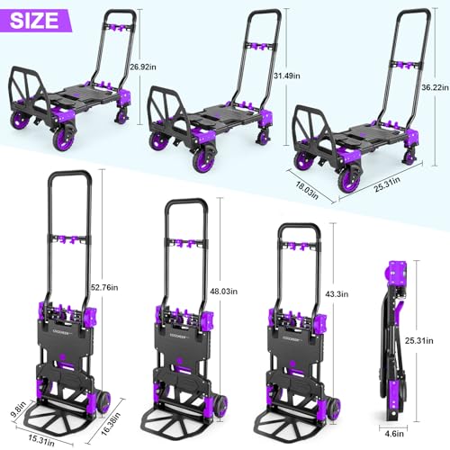 Image of 2 in 1 Folding Hand Truck, 330lbs Aluminum Portable Dolly Cart, Purple | Converts to 2 & 4 Wheel Platform Truck, 5 inch Solid Rubber Wheels, 3-Level Retractable Handle for Moving, Travel, Office