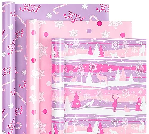 WRAPAHOLIC Christmas Wrapping Paper Roll - Mini Roll - 3 Rolls - 17 Inch X 120 Inch Per Roll - Pastel Pink and Purple Reindeer Candy Cane with JOY Snowflake Holiday Collection