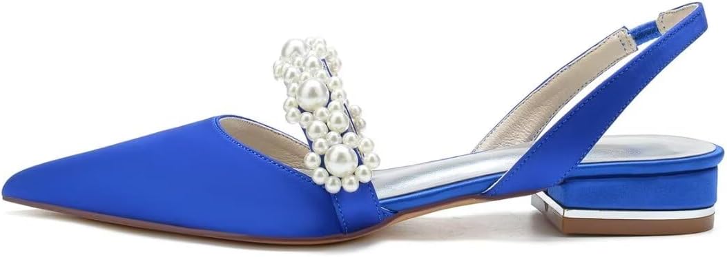 Satin Pearls Wedding Shoes for Bride Flat Pointed Toe Women Slingback Flats - Image 3