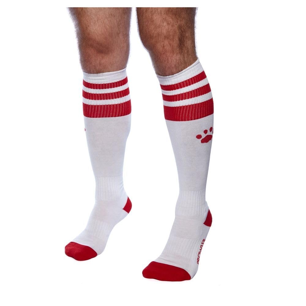 Prowler RED Football Socks White/Red – Knee High Pride Socks for Men | Sporty Fetish Inspired Crew Socks with Stripes Paw Print Logo