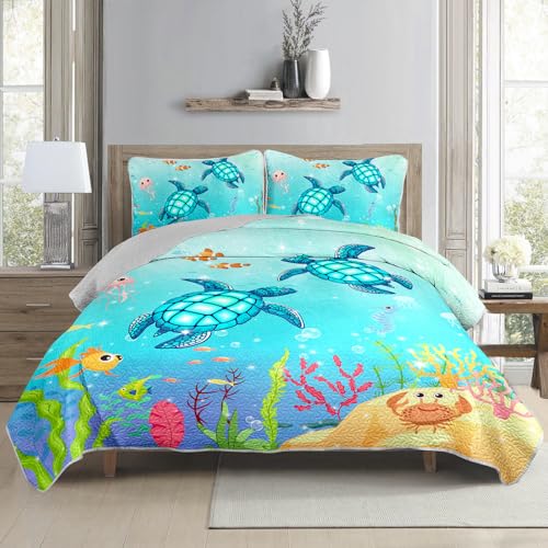 Coastal Turtle Quilts Bedding Set Queen Size 3Pcs Ocean Watercolor Sea Turtle Quilt Bed Set Beach Nautical Sea Animal Reptile Bedspreads Coverlet with 2 Pillowcases for All Season Kids Room Decor