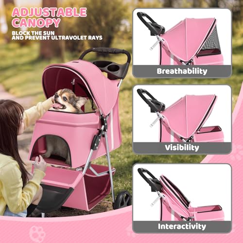 Image of Magshion 3-Wheel Pet Stroller, Foldable Travel Jogger for Small & Medium Dogs & Cats (Up to 33lbs), Lightweight Carrier with Breathable Mesh Cover, Cup Holder & Storage Basket, Pink