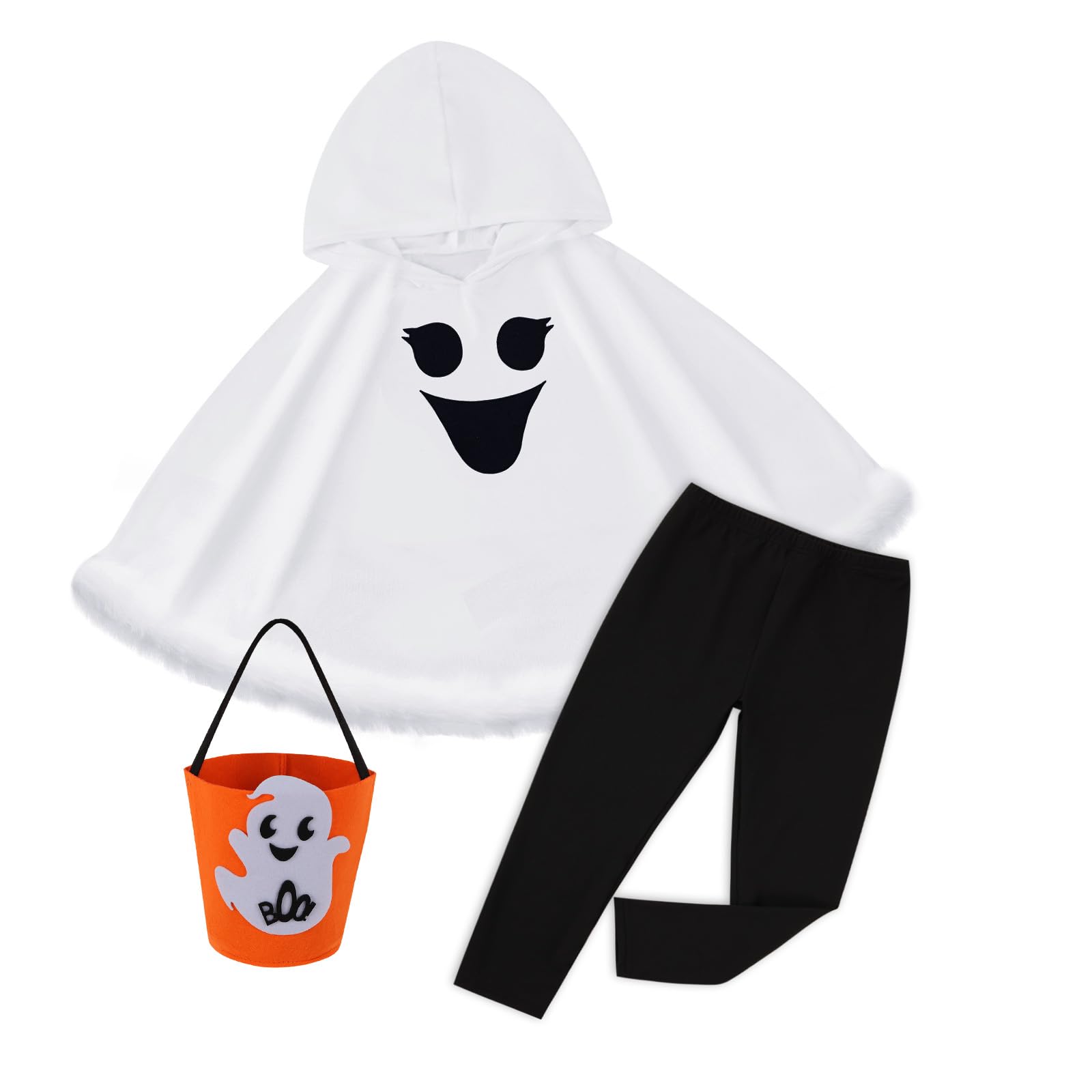 Toddler Baby Boys Girls Ghost Costume Kids Halloween Ghost Face Hooded Cloak Costume Party Boo Ghost Outfit for ages 5-6 Years,White Cloak+Pants+Pumpkin Basket Set