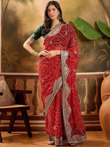 Image of Women's Georgette Bandhani Printed Embroidery Saree with Unstitched Blouse Piece
