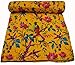 YUVANCRAFTS Indian Bird Print Kantha Quilt Twin Size Cotton Kantha Throw Kantha Bedspread Blanket Bed Cover Vintage Quilt Boho Kantha Quilts (Yellow)