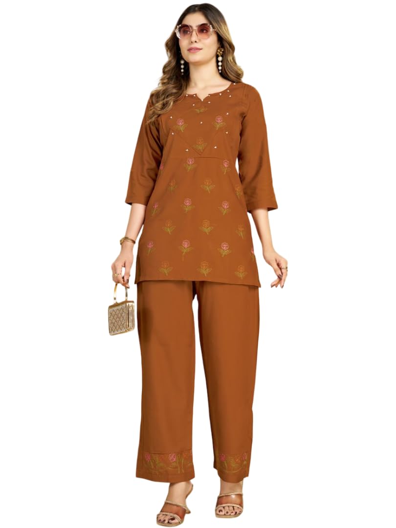 Women’s Embroidered Co-Ord Set with Straight Kurti Top & Palazzo Pants | Heavy Rayon Matching Set for Women | Ethnic Indo Western Outfit with Pockets-image-25