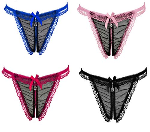 Kissa Micro String Fendu Bijou et Dentelle Taille S Lingerie Femme Sexy (Rose Clair)