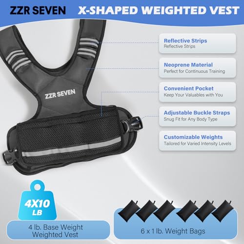 ZZR SEVEN Weighted Vest for Women and Men, 4-10lbs/11-20lbs Adjustable Weighted Vest with 6 Iron Sand Weights, Running Vest for Strength Training, Workout, Running, Fitness, Weight Loss (Black, 4-10lb)