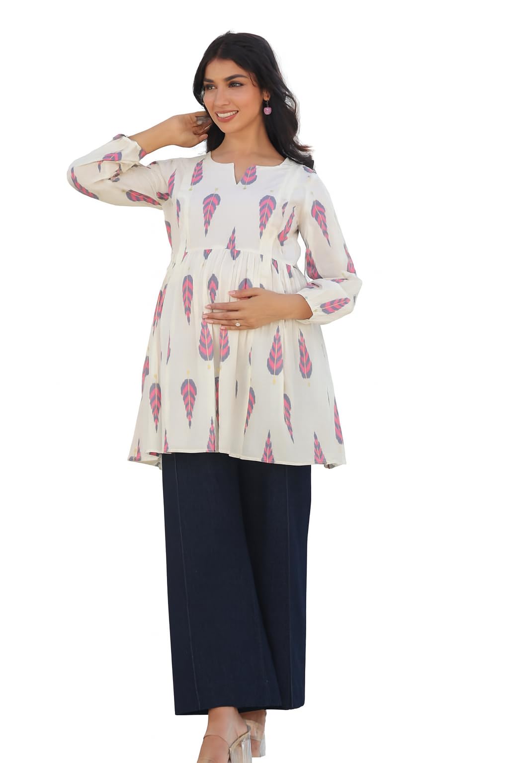 Cotton Tunic with Feather Print, Off-White, Long Sleeve, Maternity Friendly, Gathered Waist Design-image-23