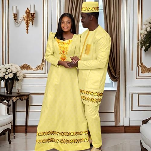 African Appliques Maxi Dresses for Women Matching Couple Outfits Dashiki Men Hat Top and Pant Sets Wedding2