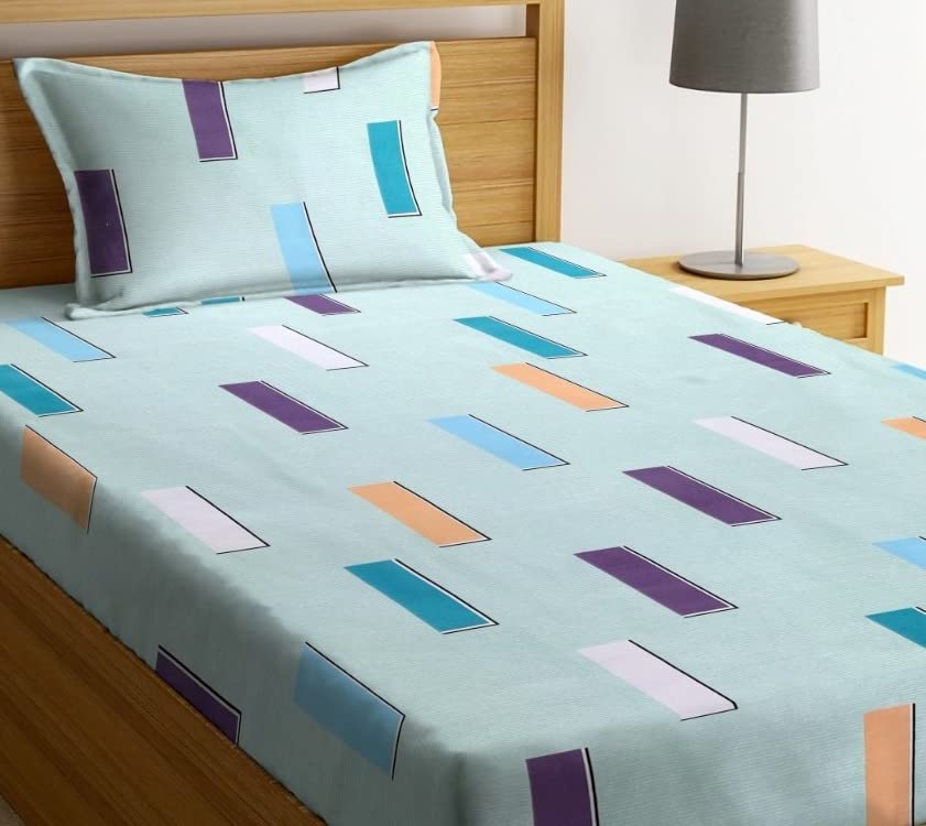 Image of NHD HOME Premium Glace Cotton 180 TC Flat Single Bedsheets for Summer Breathable | Wrinklefree (Size-60 X 90 Inch) with 1 Pillow Covers (Size-17 X 27 Inches, Printed, Pastel Blue)